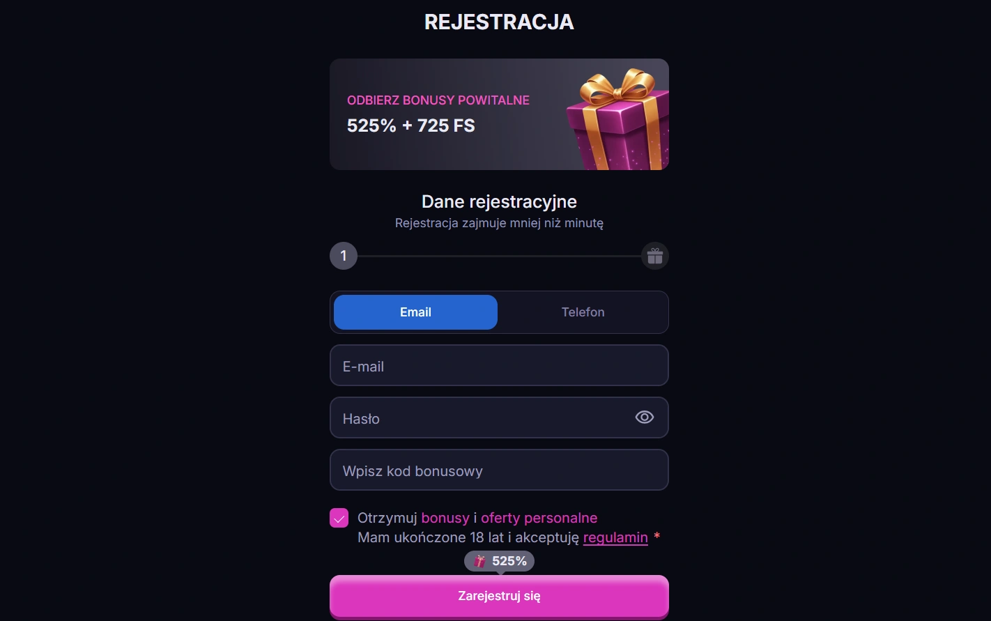 win2chill casino rejestracja krok 1