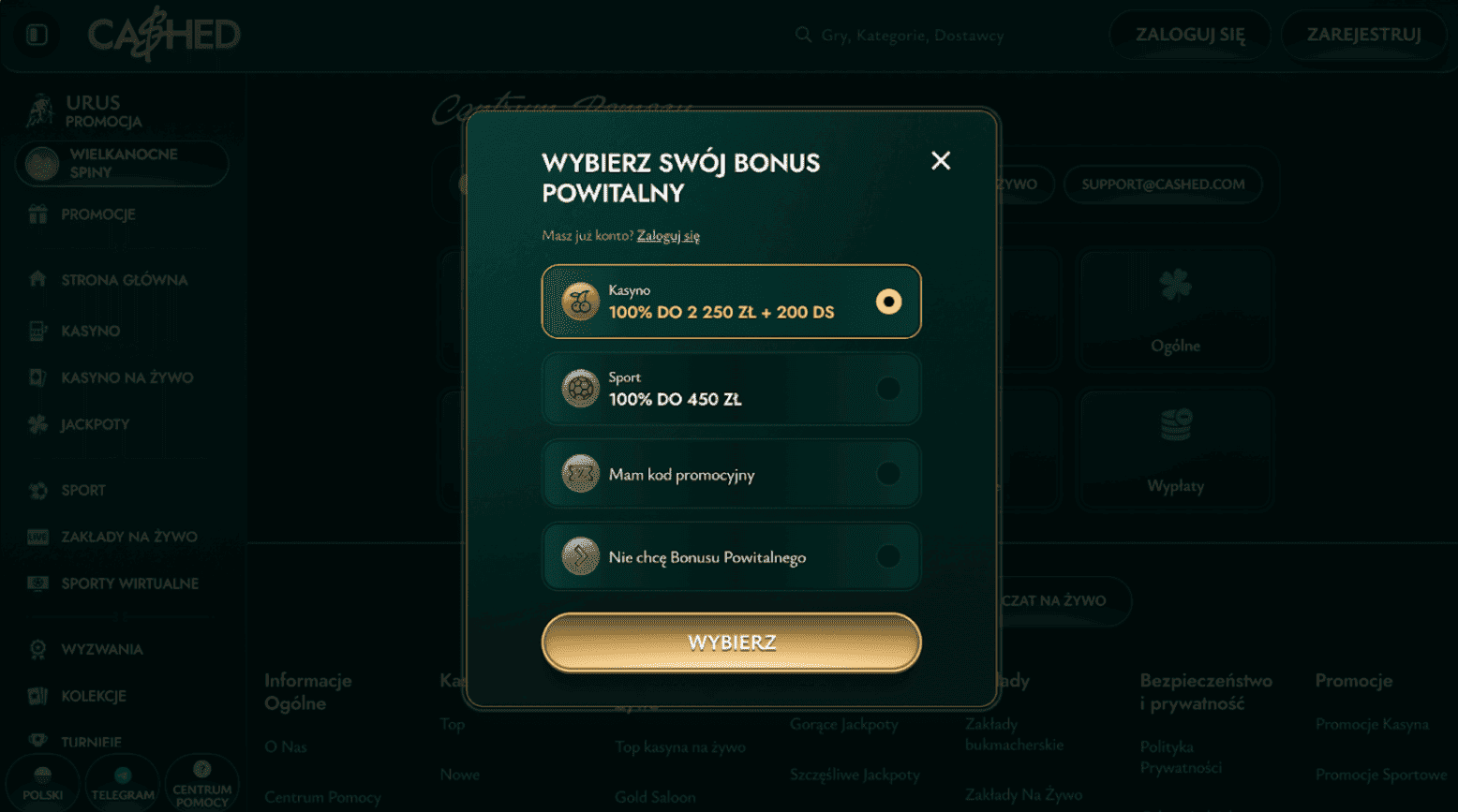 cashed casino rejestracja krok 2