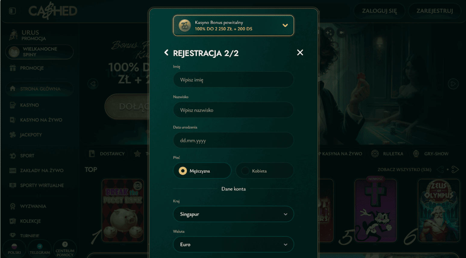cashed casino rejestracja krok 4