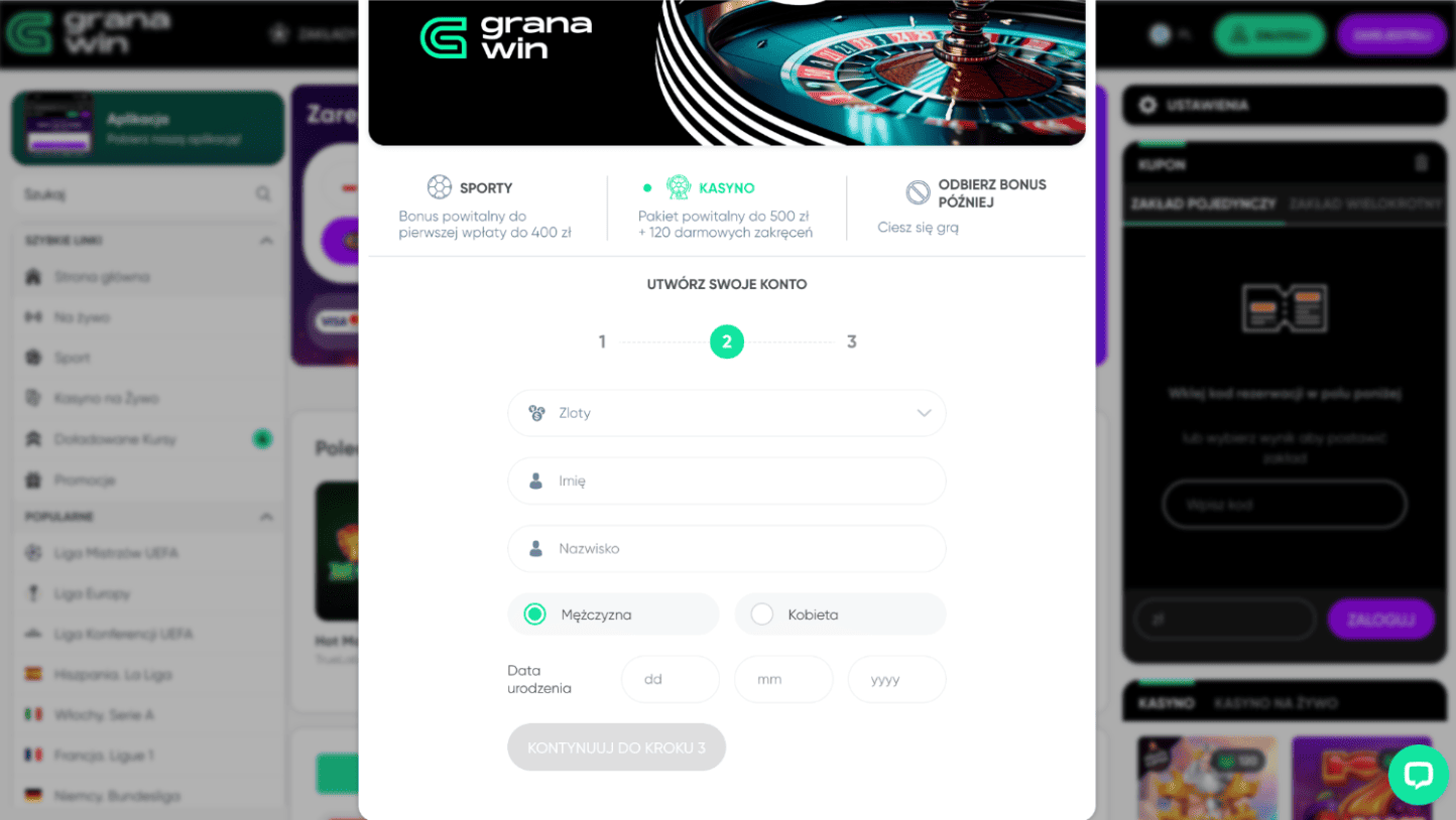 granawin casino rejestracja krok 3