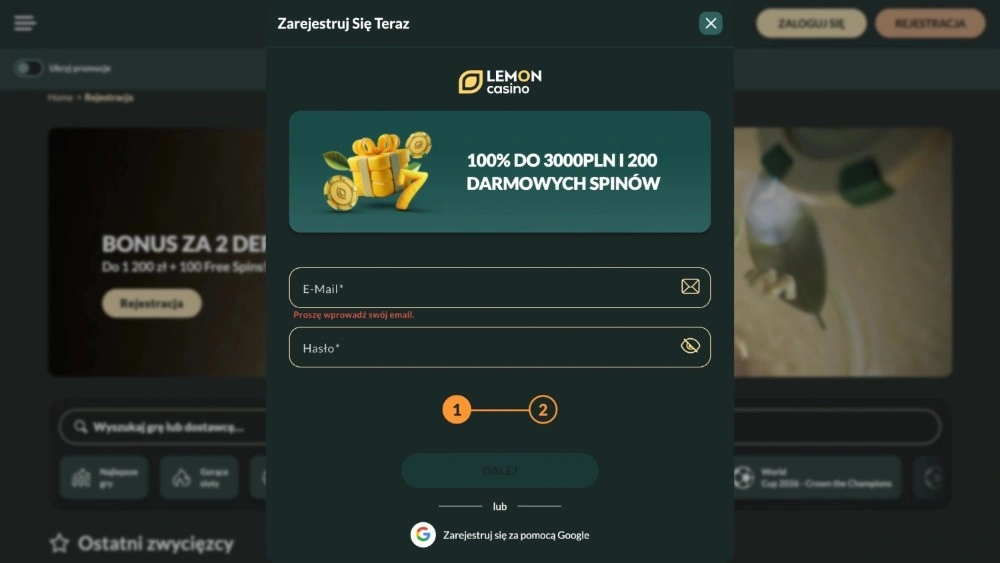 lemon casino rejestracja krok 1