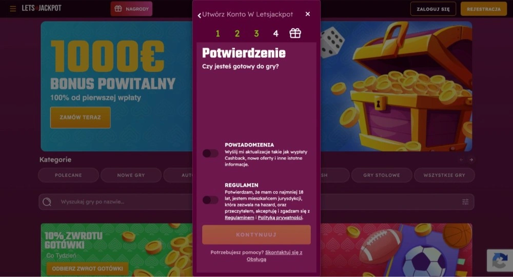 letsjackpot casino ostatni etap rejestracji