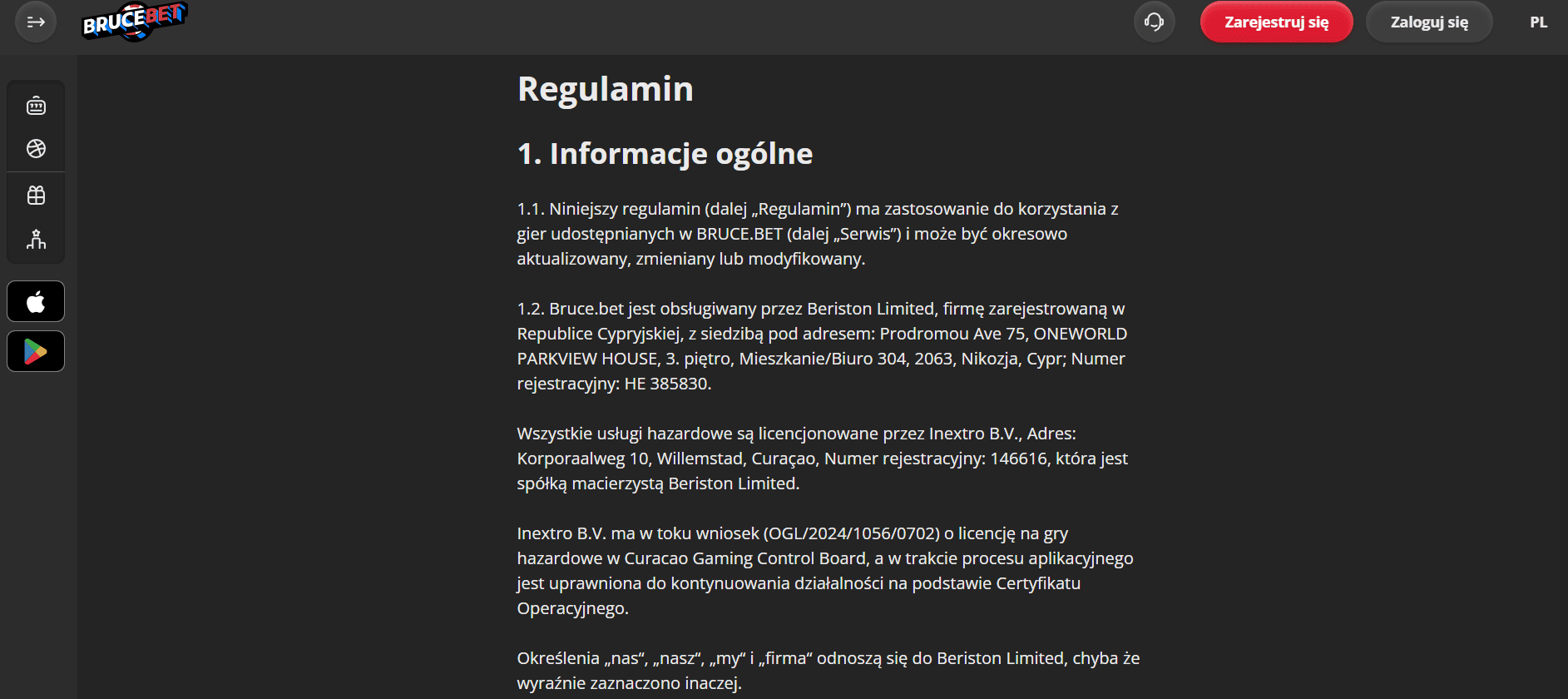 regulamin bruce bet