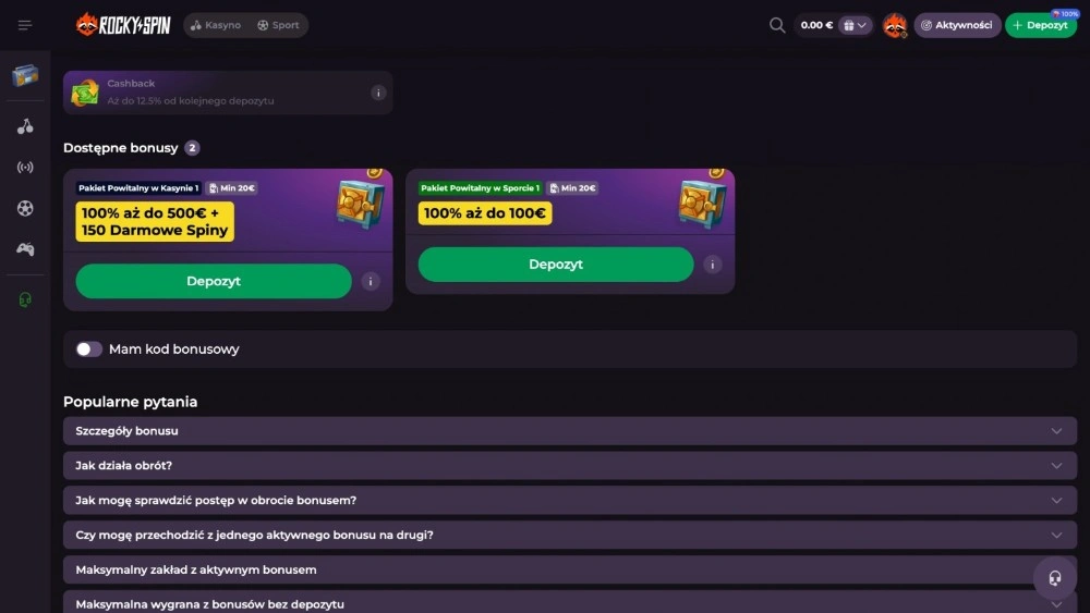 rockyspin casino sekcja bonusowa
