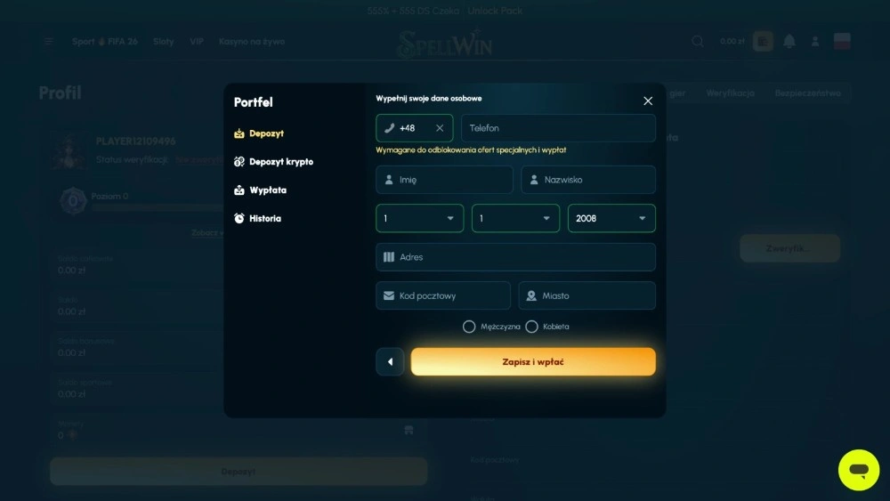 spellwin casino rejestracja krok 2
