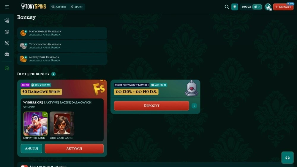 tony spins casino bonus bez depozytu