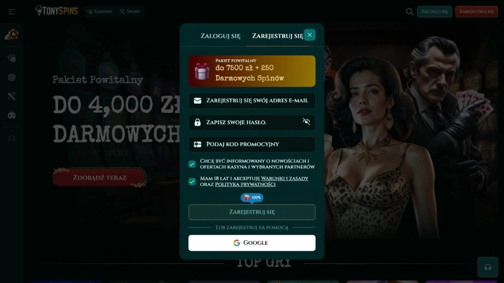 tony spins casino rejestracja krok 1