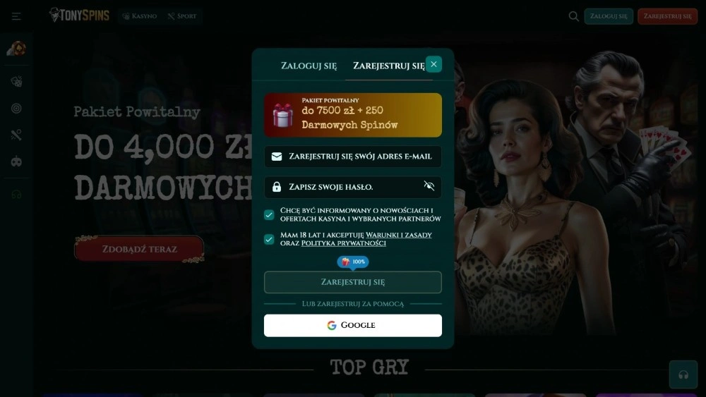 tonyspins casino rejestracja krok 1