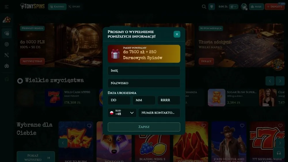 tonyspins casino rejestracja krok 2