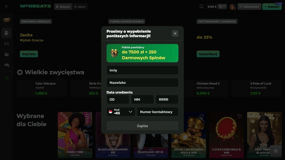 winbeatz casino rejestracja krok 2
